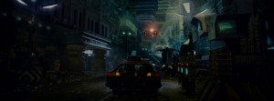 Street scene from Blade Runner showing a 'spinner'